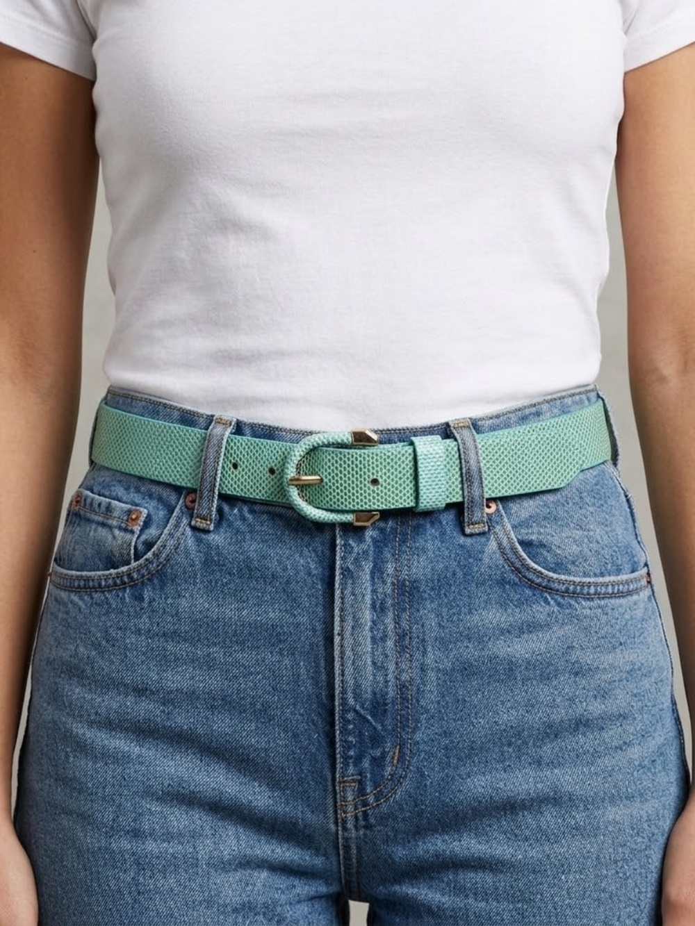 VTG 80s Genuine Reptile Skin Belt Emerald Aqua Green Brass Buckle Canada Size M